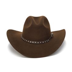 The MAYBELLE Stampede Collection brings classic style and elegance to the wild, western lifestyle. Crafted from genuine leather, this hat is detailed with mini studs and a metal strap for added flare. For comfort and durability, the hat is lined with wool felt, a 4 inch brim providing the perfect amount of sun protection and style. Winter Leather Felt Hat For Western-themed Events, Western Wool Hat Bands For Ranch, Luxury Short Brim Felt Hat For Rodeo, Luxury Brimmed Felt Hat For Rodeo, Luxury Curved Brim Felt Hat For Rodeo, Luxury Felt Hat With Short Brim For Rodeo, Luxury Felt Hat With Curved Brim For Rodeo, Western Brown Fur Felt Hat Bands, Western Style Brown Fur Felt Hat Bands