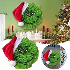 the grin face is wearing a santa claus hat and green cabbages are in front of a christmas tree