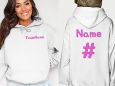 Celebrate your team with this personalized name and number hoodie! Show your appreciation and commitment with this gift! Sporty White Hoodie With Branding, White Sporty Hoodie With Branding, Sportswear Long Sleeve Hoodie With Team Name, White Long Sleeve Hoodie With Team Name, Team Spirit Long Sleeve Hoodie For Game Day, Team Spirit Long Sleeve Sports Hoodie, Game Day Team Spirit Long Sleeve Hoodie, Game Day Sports Fan Long Sleeve Hoodie, White Hoodie With Team Name For Sports Events