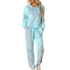 This 2 piece sports Outfit features a Tie Dye design, a Long Sleeve, a Drawstring Hoodie, and a Front Pocket. The Jogger Pants come with an Adjustable Drawstring Waist, making it comfy and stretchy to wear all day long. Perfect for lounging around the house, sport, jogging, running, lounging, workout, nightwear, and more. Made of soft material, this outfit ensures comfort and style for various occasions. Whether you're going out for a casual day or staying in for a relaxed evening, this tracksui Sportswear Tracksuit With Drawstring For Loungewear, Blue Activewear For Fall Loungewear, Blue Activewear For Loungewear In Fall, Blue Fall Tracksuit For Loungewear, Blue Tracksuit For Loungewear Fall Season, Blue Tracksuit For Fall Loungewear, Blue Tracksuit For Loungewear In Fall, Comfortable Blue Sweats For Leisure, Casual Blue Sweats For Lounging