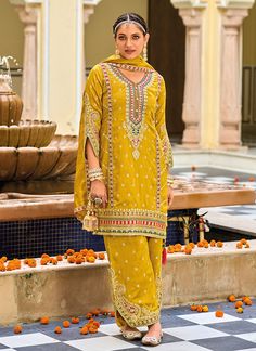 Yellow Multi Embroidery Traditional Pant Style Suit Yellow Salwar Kameez, Yellow Salwar, Party Wear Salwar, Patiala Salwar Suits, Celana Fashion, Patiala Suit, Stylish Suit, Patiala Salwar, Silk Trousers