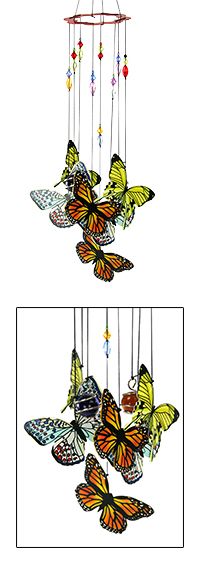 three different pictures of butterflies hanging from strings