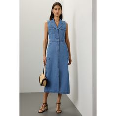 Blue Denim (100% Cotton). Casual dress. Collared neck. Sleeveless. Front button closure. 50.5" from shoulder to hemline. Imported. Denim Blue Midi Dress For Summer Workwear, Sleeveless Denim Dress For Work, Fitted Denim Top For Summer Workwear, Sleeveless Denim Top With Pockets For Work, Summer Denim Top For Workwear, Chic Sleeveless Denim Vest For Work, Summer Workwear Medium Wash Midi Dress, Fitted Sleeveless Denim Top For Work, Summer Midi Dress In Medium Wash For Work