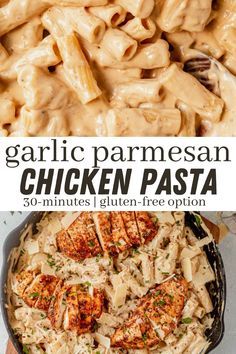 garlic parmesan chicken pasta in a skillet with text overlay that reads garlic parmesan chicken pasta 30 minutes, gluten - free option