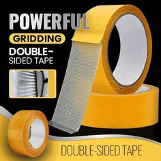 two rolls of yellow adhesivee tape with the words, powerful gridding double - sided