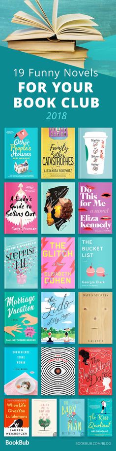 an open book with the words 10 funny novels for your book club on it's cover