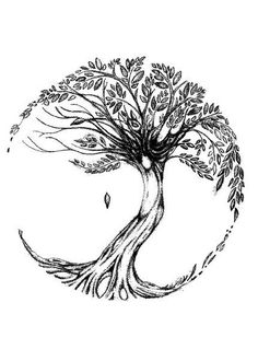 a drawing of a tree with leaves in the shape of a circle on a white background