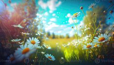 the sun shines brightly through daisies in a field with grass and flowers on it