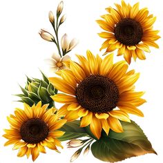 three yellow sunflowers with green leaves on a white background