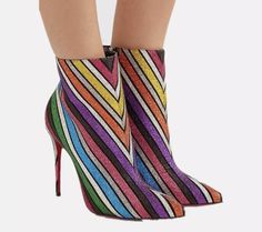 Rainbow stripes beautiful Pointed-toe high heel ankle boots which gives them a distinctly retro/flirtatious feel and puts them right in line with the season's coolest silhouettes. Trendy Multicolor Ankle Boot Heels, Chic Striped High Heel Shoes, Chic Striped High Heel, Chic Striped High Heels, Chic Multicolor Pointed Toe Boots, Bold Ankle Boot Heels For Party, Multicolor High Heels For Winter, Glamorous Spring Ankle Heeled Boots, Multicolor High Ankle Party Boots