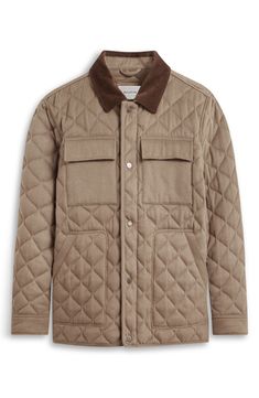 Head into the cold-weather season in this timelessly stylish and comfortably functional field jacket boasting a wale-corduroy collar, diamond-quilted insulation and a relaxed fit. 27" length Two-way front-zip closure with snap storm placket Spread collar Adjustable snap cuffs Front welt pockets; chest flap pockets Lined, with synthetic fill 53% wool, 32% polyester, 5% cashmere, 5% nylon, 5% other fibers Dry clean Imported Classic Winter Quilted Jacket With Diamond Quilting, Classic Diamond Quilted Jacket For Winter, Quilted Winter Utility Jacket With Long Sleeves, Winter Quilted Utility Outerwear, Casual Outerwear With Diamond Quilting, Winter Utility Outerwear With Lapel Collar, Quilted Utility Jacket For Winter, Utility Style Winter Outerwear With Lapel Collar, Utility Outerwear With Lapel Collar For Winter