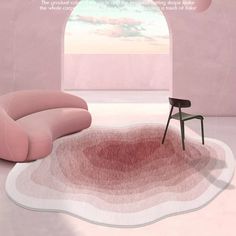 a pink room with a chair and rug on the floor