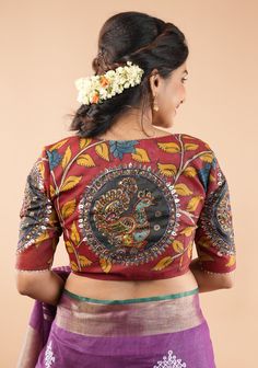 Designer Art Silk Blouse With Kalamkari Print, Silk Kalamkari Print Choli For Designer Wear, Festive Kalamkari Print Chanderi Choli, Festive Chanderi Choli With Kalamkari Print, Festive Tussar Silk Blouse With Kalamkari Print, Chanderi Blouse With Kalamkari Print For Puja, Designer Chanderi Blouse With Kalamkari Print, Festival Silk Blouse Piece With Kalamkari Print, Diwali Cotton Silk Choli With Motifs