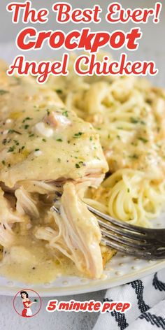 the best ever crockpot angel chicken recipe on a white plate with a fork