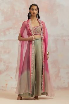 Shop for AUM by Asit and Ashima Grey Blouse Cape And Waistband Embroidered Palazzo Set for Women Online at Aza Fashions Blouse And Palazzo, Embroidered Outfit, Organza Cape, Fashion Cycle, Sheer Cape, Silk Cape, Thread Beads, Cape Designs, Coord Sets