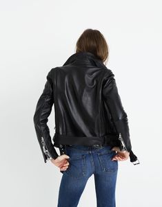 Inspired by old-school biker style (and some boyfriends past and present), our signature leather jacket combines buttery soft, pebbled leather with chunky silver hardware. Guaranteed to up the cool quotient of pretty much any outfit.True to size.Leather.Professional leather clean.Imported.Madewell.com only. Classic Leather Biker Jacket For Spring, Edgy Leather Outerwear For Fall, Fall Leather Biker Jacket For Biker Events, Fall Leather Biker Jacket For Streetwear, Leather Biker Jacket For Fall Streetwear, Leather Moto Outerwear For Fall, Moto Style Leather Outerwear For Fall, Classic Spring Biker Jacket For Biker Events, Classic Biker Jacket For Spring Events