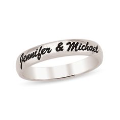 Express all the romantic feelings you hold in your heart with this personalized and engravable band, a sweet gift they'll treasure for many years to come. Fashioned in the metal of your choosing This 5.0mm-wide band features your message - up to 40 characters in length - inscribed in a cursive script font along the top. Great worn alone, stacked with other fashion rings or paired with an engagement ring. Personalized Nameplate Ring For Promise, Personalized Engraved Nameplate Ring For Promise, Silver Engraved Nameplate Ring For Promise, Silver Nameplate Rings For Anniversary, Customizable Nameplate Jewelry For Promise, Customizable Couples Jewelry For Anniversary, Classic Nameplate Promise Ring, Classic Sterling Silver Promise Bands, Classic Personalized Promise Jewelry