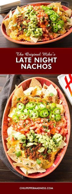 two plates filled with nachos on top of a wooden table