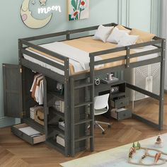 Wood Full Size Loft Bed with Built-in Wardrobe, Desk, Storage Shelves and Drawers Modern Loft Bed, Wardrobe Desk, Full Loft Bed, Full Size Loft Bed, Bed With Wardrobe, Kids Beds With Storage, Bed Base Frame, Kids Bed Frames