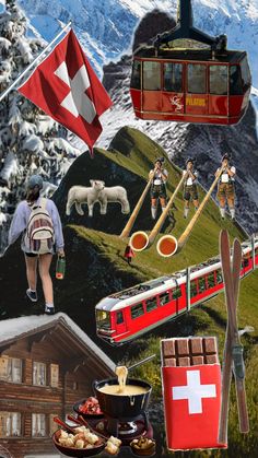 the collage shows people walking, skiing, and eating in front of snow covered mountains