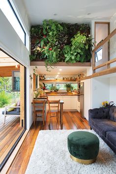 a living room filled with furniture and lots of greenery on the wall above it