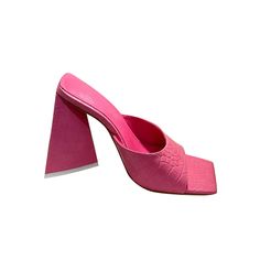 Chic Pink Mules With 4-inch Heel, Pink Sandals With Deep Heel Cup And Pointed Toe, Chic Pink High Heel Mules, Pink Sandals With Deep Heel Cup For Party, Pink Mules With 4-inch Open Heel, Pink Mules With 4-inch Heel And Open Heel, Pink Open Toe Heels With Deep Heel Cup, Pink Open Heel Mules With Wrapped Heel, Pink Mules With Wrapped Heel