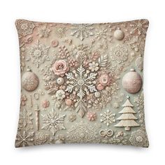 a decorative pillow with christmas decorations and ornaments on the front, along with an ornament