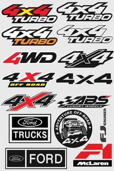 an assortment of racing stickers and decals for cars, trucks, and suvs