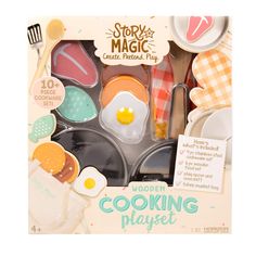 the wooden cooking play set is in its box