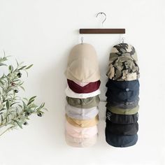 three hats hanging on a wall next to a potted plant