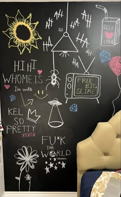 a blackboard with writing on it in a room