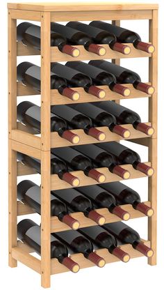 a wooden wine rack with many bottles of wine on it's sides and bottom shelves