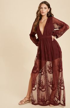 WISHLIST Floral Embroidered Long Sleeve Maxi Dress | Nordstromrack Lace Maxi Romper, Maxi Romper Dress, Bohemian Rompers, Off White Lace Dress, Lace Burgundy Dress, Maxi Romper, Maxi Dress Long, Dress Photo, Photoshoot Dress