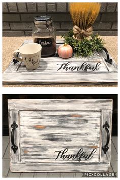 two wooden trays with thanksgiving decorations and coffee mugs on them, one is painted white and the other has black lettering