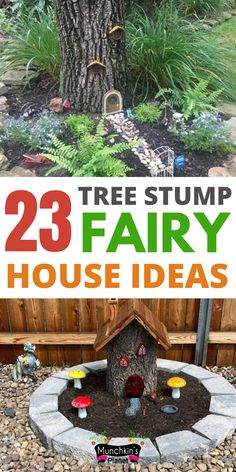 Tree Stump Fairy House Ideas Gnome House Tree Stump Fairy Homes, Tree Trunk Fairy House Garden Ideas, Fairy Garden On Tree Stump, Knome Houses Tree, Stump Fairy Garden Ideas, Fairy Stump House, Log Fairy House Tree Stumps, Tree Stump House Ideas, Tree Stump Fairy House Diy Ideas