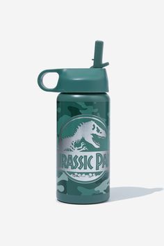 a green water bottle with the words classic pa on it, and a dinosaur head