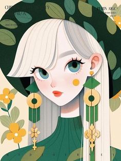 an illustration of a girl with long white hair and green dress, wearing earrings on her head