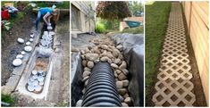 three pictures showing different types of garden edgings and drainage systems in various stages of construction