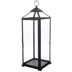 a black metal lantern with glass panels on the top and bottom, against a white background