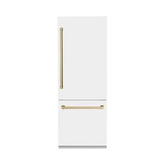 a white refrigerator freezer with gold handles