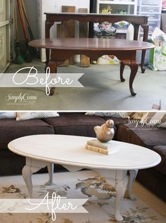 before and after photos of a coffee table in a living room with white painted furniture