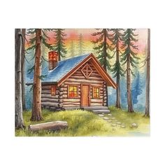 a painting of a log cabin in the woods