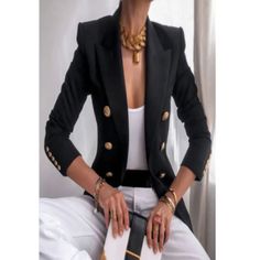 Ceo Girl Blazer Brand New With Tags!! Black With Gold-Toned Decorative Buttons Long Sleeves Peak Lapel Open Front Tags: Professional, Business, Office, Workwear, Classy, Elegant, Classic, Modest Blazer E Short, Ladies Short Jackets, Formal Wear Women, Elegant Blazers, Traje Casual, Slim Fit Blazers, Workwear Fashion, Blazer And Shorts, Work Wear Women