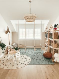 a child's playroom with toys and bookshelves