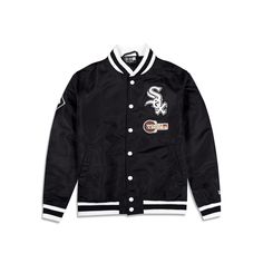 The Chicago White Sox Logo Select Jacket features a chenille applique White Sox logo and embroidered 2005 World Series patch at the left chest with an alternate team logo at the right sleeve. Fabric: 100% nylon oxford Collegiate Varsity Jacket With Logo Patch For Winter, College Varsity Jacket With Logo For Winter, Casual Outerwear With Team Logo For Sports Events, Casual Outerwear With Logo And Baseball Collar, Sporty Embroidered Varsity Jacket For Winter, Sporty Winter Outerwear With Embroidered Graphics, Collegiate Varsity Jacket With Embroidered Logo For Winter, Varsity Style Outerwear With Logo For Streetwear, Sporty Varsity Jacket With Embroidered Patch For Winter