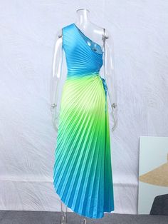 Look dazzling in this beautiful Gradient One Shoulder Evening Dress. Featuring a one shoulder design, it's perfect for your next special event. The unique gradient will make you stand out from the crowd and have you looking and feeling fabulous. Let the mesh fabric and silhouetted back design give you an elegant yet edgy look. You'll be the talk of the night in this stunning Gradient One Shoulder Evening Dress. Closure Type: Pullover Fabric Type: Polyester Type: Inclined shoulder Neckline: Diago Summer One-shoulder Dress With Asymmetrical Neckline For Prom, Gradient Color Summer Party Dress, Blue One-shoulder Summer Party Dress, Sleeveless Gradient Party Dress, Blue One-shoulder Dress For Summer Prom, Sleeveless Gradient Dress For Party, Fitted Ombre Summer Dress, Fitted Ombre Dress For Summer, Gradient Sleeveless Party Dress