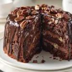 a chocolate cake on a plate with one slice cut out