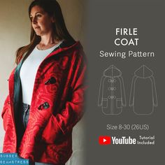 a woman wearing a red jacket and jeans with the text, fire coat sewing pattern