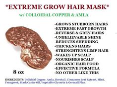 "Hello dear client!! Welcome to my \"ROYALHERBALORGANICS\" shop!! ♥EXTREME HAIR GROW MASK w/colloidal copper & amla\"..if you love our \"Fenugreek Rosemary Hair Growth Salve\" your going to love this hair mask. This mask can be used all over the the hair and scalp and will promote hair growth and strength VERY quickly. ♥I have developed this organic mask that works on the most stubborn hair & scalp ever. My customers kept asking me for more hair growth options and after doing some intense resear Hair Growing Mask, Castro Oil, Organic Hair Mask, Reverse Gray Hair, Rosemary Hair Growth, Organic Mask, Rosemary Hair, Chicken Keto, Extreme Hair Growth