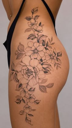 Hip Floral Tattoos Women, Cherry Blossom Tattoo Thigh, Side Thigh Tattoo, Upper Thigh Tattoo, Floral Hip Tattoo, Flower Hip Tattoos, Side Hip Tattoos, Upper Thigh Tattoos, Hip Tattoo Designs